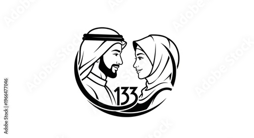 Arab couple in traditional attire, facing each other, symbolizing love and unity.