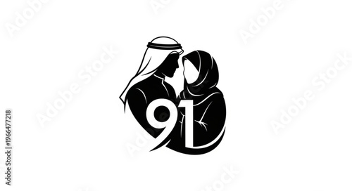 Arab couple silhouette with the number 91, representing love and unity.