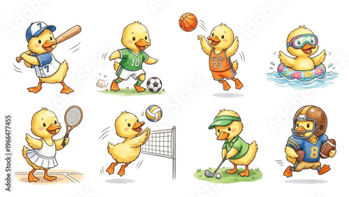  Set of funny cartoon cute Duck animals in playful sports vector style featuring smiling characters for kids toy illustration collection