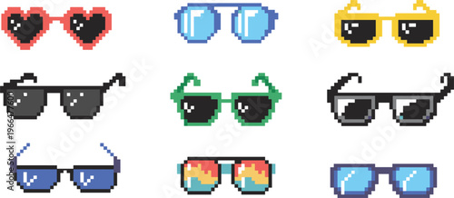 Pixel art sunglasses set, retro eyewear icons colorful shades 8bit game style vector illustration design