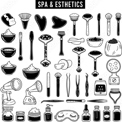 Spa  Esthetics: Black  White Doodle Icons of Beauty Treatments  Skincare Tools