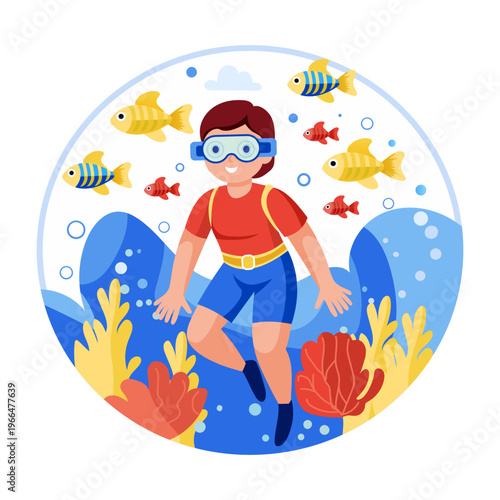 A flat style illustration of a snorkeling character