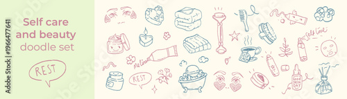 Self care and beauty doodle set with skincare products, bath, candles and wellness elements. Minimal line art for relaxation, spa, hygiene and healthy lifestyle concepts.