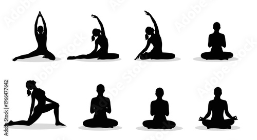 Yoga poses silhouettes set isolated on white background for exercise concept