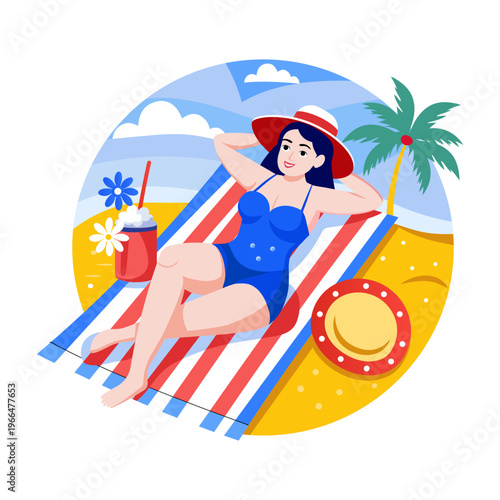 Flat style illustration depicting a woman relaxing on beach