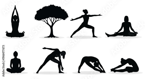 Yoga poses silhouettes set with tree isolated on white background