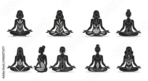 Yoga poses silhouettes with decorative foliage for wellness and meditation