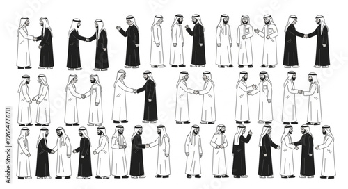 Arab men in traditional attire shaking hands, business meeting.