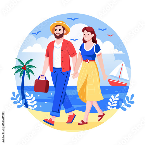 Flat style illustration showing a couple walk