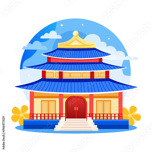 Flat style illustration depicting a chinese temple