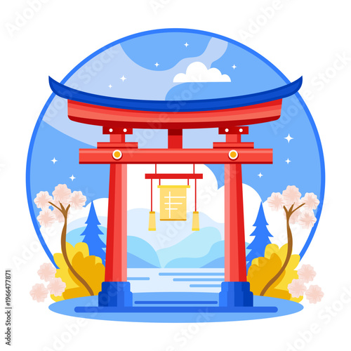 Flat style illustration depicting a torii gate