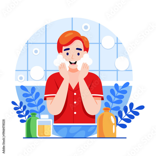 A flat style illustration depicting face wash