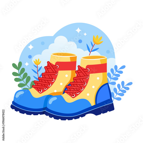A flat style illustration depicting hiking boots