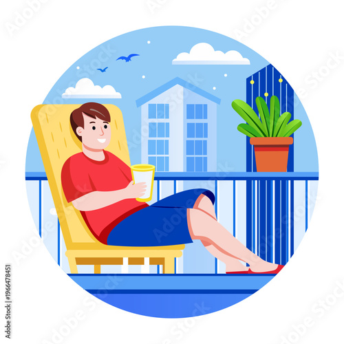 Flat style illustration depicting a character relaxing on vacation