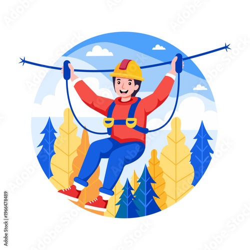 Flat style illustration depicting zipline activity
