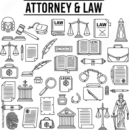 Attorney and Law Outline Icons Set with Justice and Legal Symbols