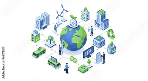 Isometric illustration of a globe surrounded by eco-friendly technology and sustainable living icons on a white background
