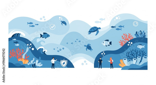 Illustration of people standing on an underwater scene with coral reefs, sea creatures, and wavy blue ocean layers