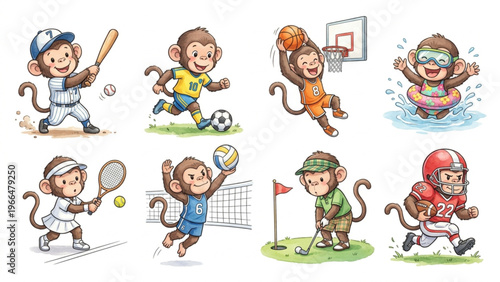  Set of funny cartoon cute Chimpanzee animals in playful sports vector style featuring smiling characters for kids toy illustration collection