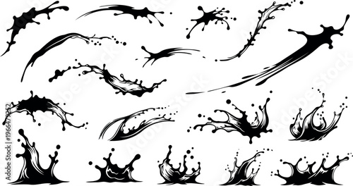 Dynamic black ink splashes and abstract liquid shapes, brush strokes and splatters, isolated on white background, ink splash, paint splash, ink splatter, brush stroke
