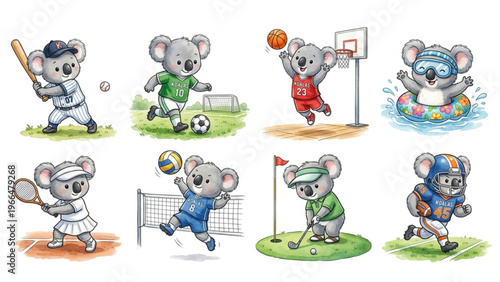  Set of funny cartoon cute Koala animals in playful sports vector style featuring smiling characters for kids toy illustration collection