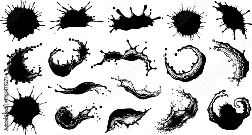 Collection of abstract black ink splatters, splashes and swirls, dynamic fluid shapes for graphic design, ink splatter, ink splash, paint splatter, brush stroke