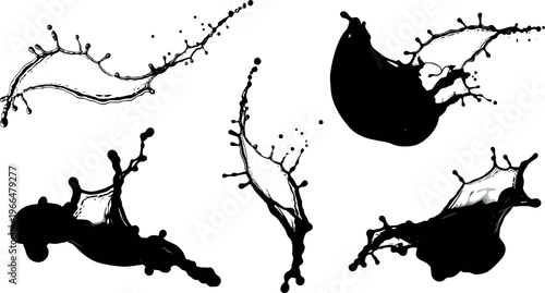 Abstract black ink splashes and fluid motion elements, energetic dynamic shapes isolated on a white background, ink splash, paint splash, liquid splash, ink splatter