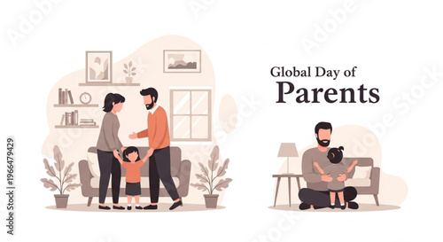 Illustration of a family spending quality time together on Global Day of Parents with warm tones