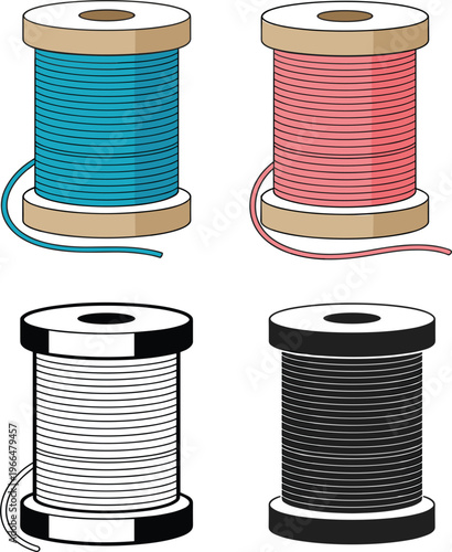 Thread spool set, sewing bobbins with colorful yarn textile craft supplies vector illustration isolated design