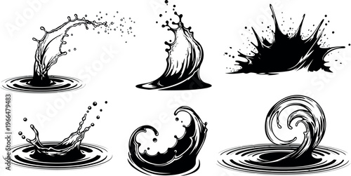 Set of black ink splashes and waves, dynamic liquid and abstract water droplet illustrations, ink splash, liquid wave, graphic elements, white background, paint splash, liquid art, graphic design