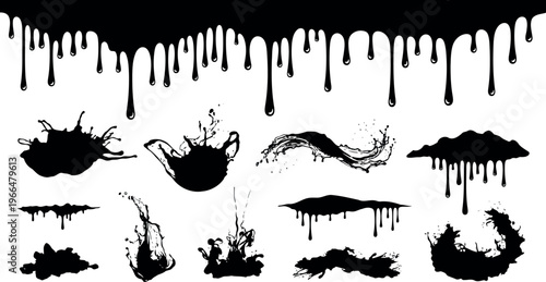 Black ink drips and splatters, abstract fluid brush strokes, organic liquid shapes for graphic design elements, ink drip, ink splatter, brush stroke, liquid art, paint brush
