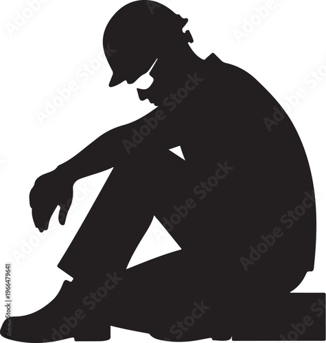 Sad Man Sitting Alone in Dark Silhouette on White
