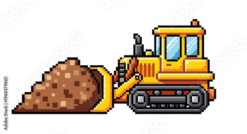 Pixel Art Yellow Bulldozer Pushing Dirt Pile.