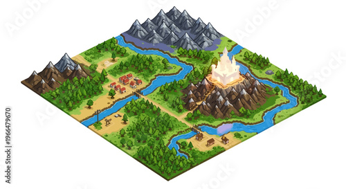 Isometric Fantasy Landscape with Volcano and River.