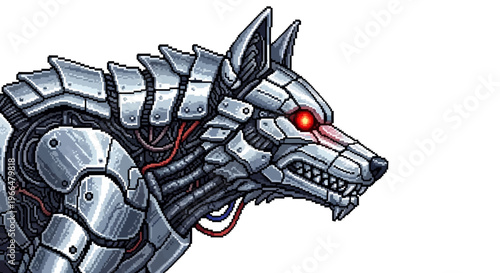 Mechanical Wolf Head With Red Eyes And Wires.