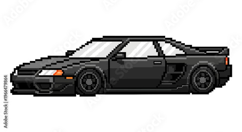 Retro Pixel Art Black Sports Car Illustration.