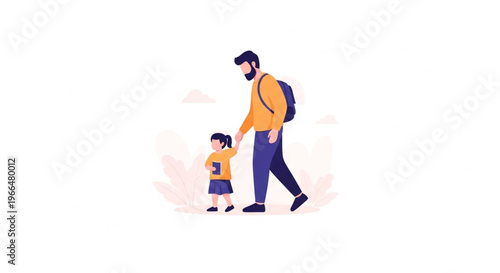 A man and a child walk hand in hand with a minimalist design on a white background