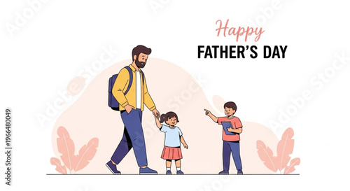 Illustration of a father walking with his children on Father's Day with a warm and joyful mood