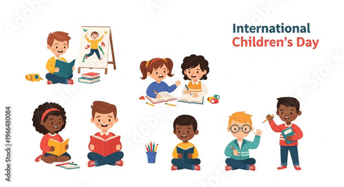 A colorful illustration of diverse children engaging in various creative activities on International Children's Day with vibrant tones