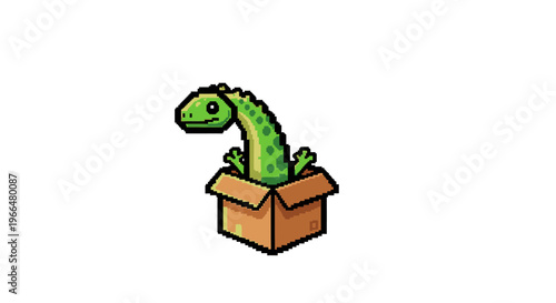 Cute cartoon dinosaur peeking out of a cardboard box.