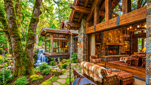 A magnificent, rustic, luxury lodge-style home, expertly crafted with natural stone and robust wooden beams, features an inviting interior with a warm fireplace and plush furnishings, perfectly