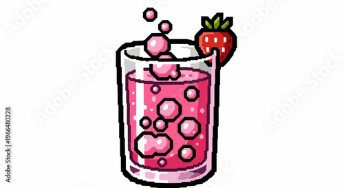 Refreshing Pink Strawberry Drink with Bubbles and Garnish.