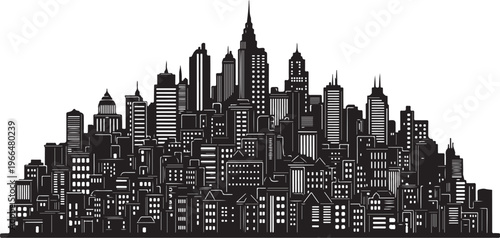 Black and white cityscape with skyscrapers and buildings illustration