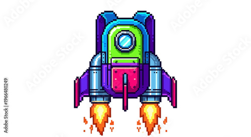 Retro Pixel Art Jetpack With Fiery Exhaust.