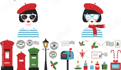 Christmas postal vector illustration set with post boxes, holiday mail elements, candles, gifts, woman in beret, and festive decorations collection