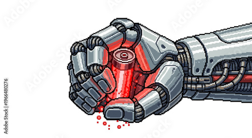 Robotic Hand Crushing Glowing Red Energy Cell.