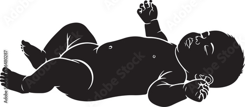 Black and white illustration of a newborn baby lying down