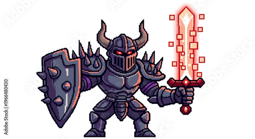 Dark Knight Warrior with Fiery Sword and Spiked Shield.