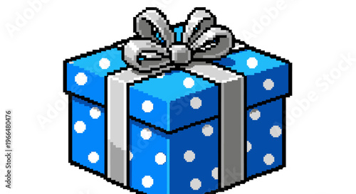 Blue Gift Box with White Polka Dots and Ribbon.