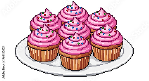 Plate of Delicious Pink Frosted Cupcakes with Sprinkles.